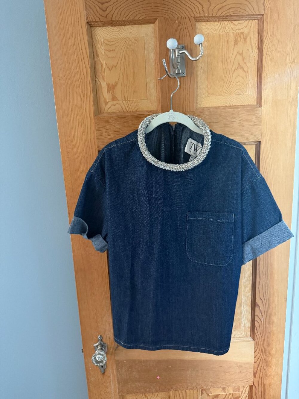 TWP Ex T Crystal Collar Denim Top Dark Stone M/L NWT